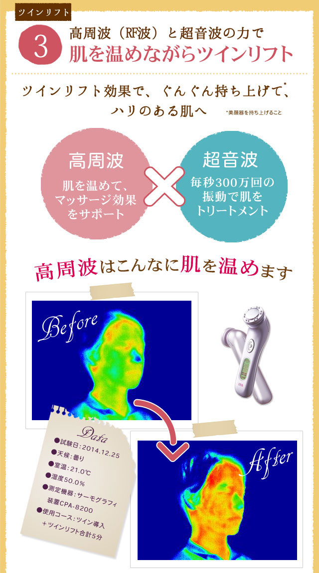 高周波と超音波の力で肌を温めながらツインリフト
