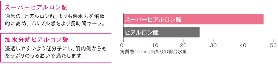 スーパーヒアルロン酸　通常の「ヒアルロン酸」よりも保水力を飛躍的に高め、プルプル感をより長時間キープ。　加水分解ヒアルロン酸　浸透しやすいよう低分子にし、肌内側からもたっぷりのうるおいで満たします。