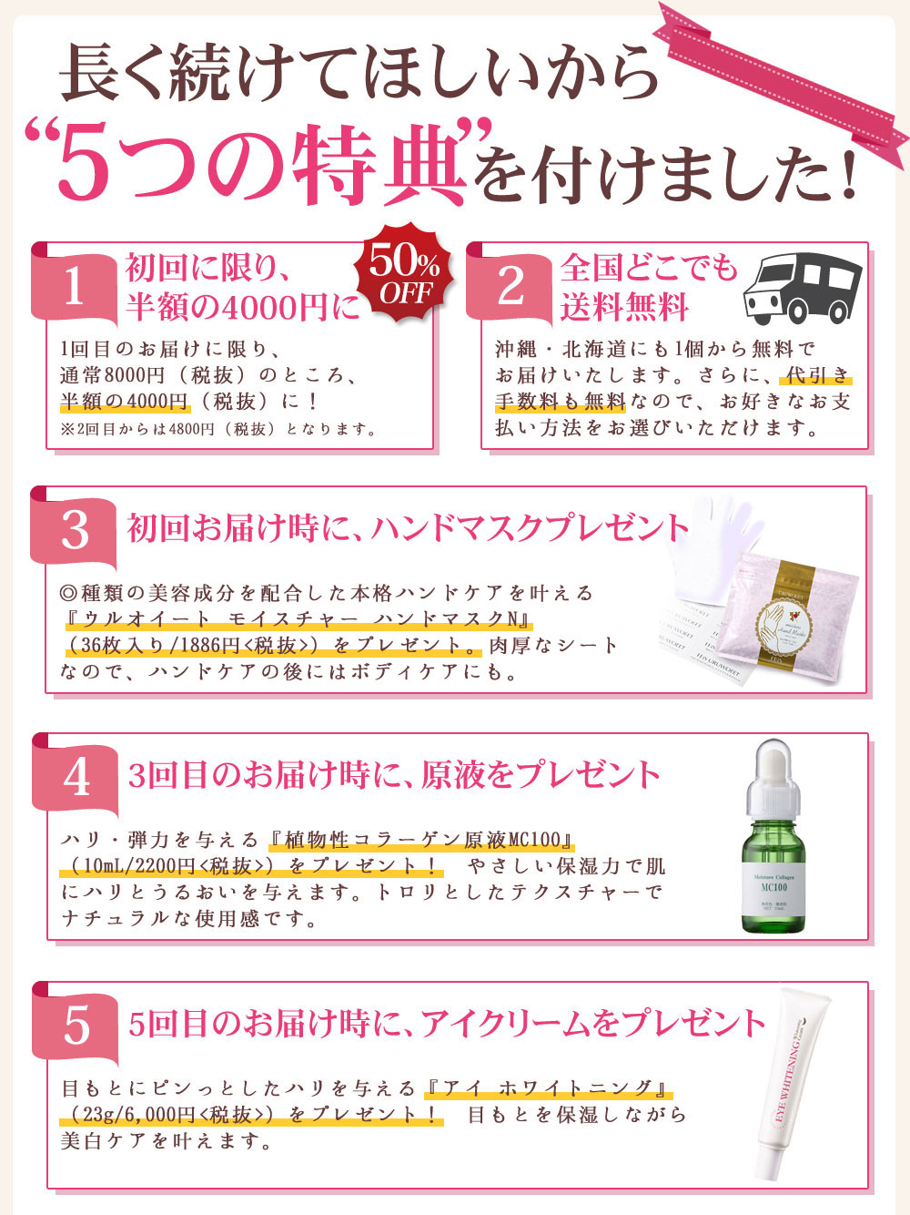 長く続けてほしいから“5つの特典”を付けました！
