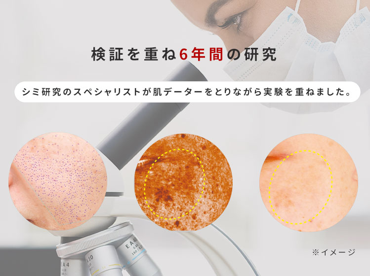 検証を重ね6年間の研究　シミ研究のスペシャリストが肌データーをとりながら実験を重ねました。