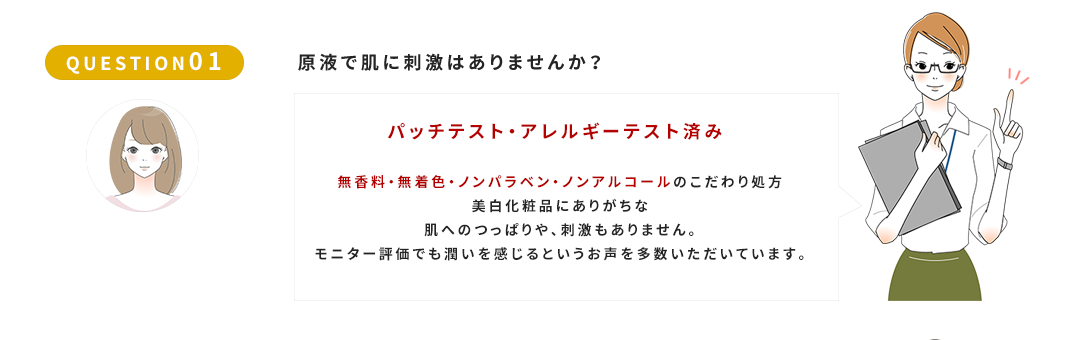 QUESTION01　原液で肌に刺激はありませんか？　パッチテスト・アレルギーテスト済み