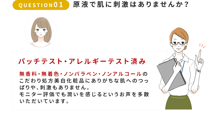 QUESTION01　原液で肌に刺激はありませんか？　パッチテスト・アレルギーテスト済み