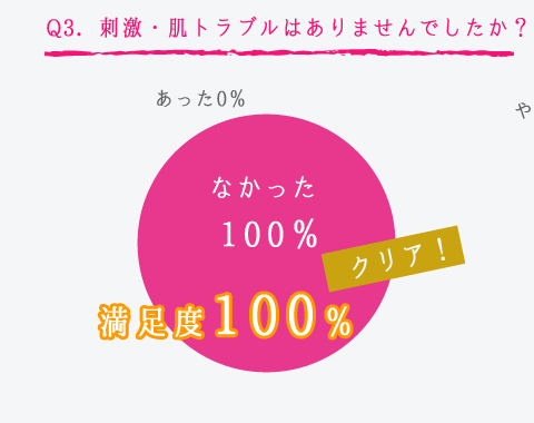 Q3．刺激・肌トラブルはありませんでしたか？　満足度100％、クリア！。なかった100％、あった0％