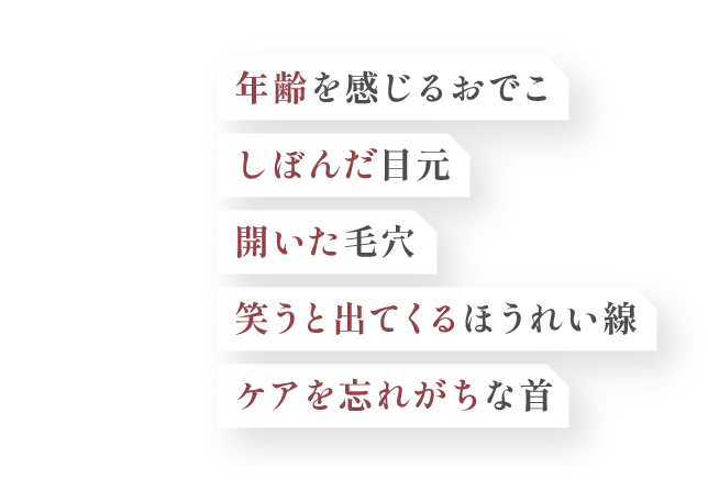 [年齢を感じるおでこ] [しぼんだ目元] [開いた毛穴] [笑うと出てくるほうれい線] [ケアを忘れがちな首]