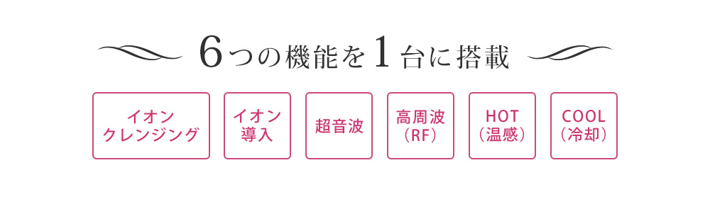 6つの機能を1台に搭載　イオンクレンジング、イオン導入、超音波、高周波(RF)、HOT(音感)、COOL(冷却)