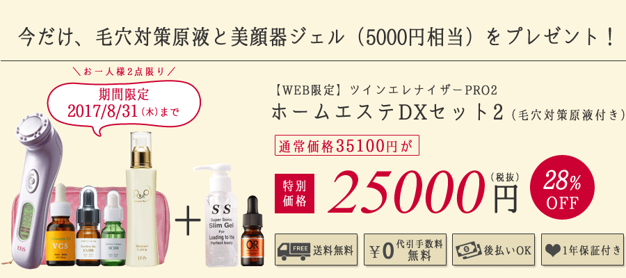 ツインエレナイザーPRO2
ホームエステDXセット2 25000円(税抜)