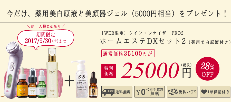 ツインエレナイザーPRO2
ホームエステDXセット2 25000円(税抜)