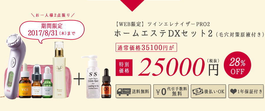 ツインエレナイザーPRO2
ホームエステDXセット2 25000円(税抜)