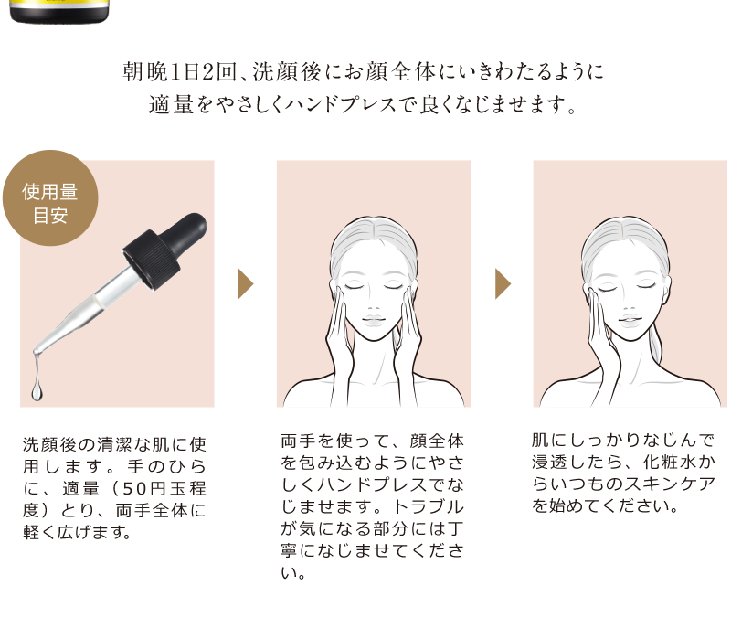 朝晩1日2回、洗顔後にお顔全体にいきわたるように適量をやさしくハンドプレスで良くなじませます。