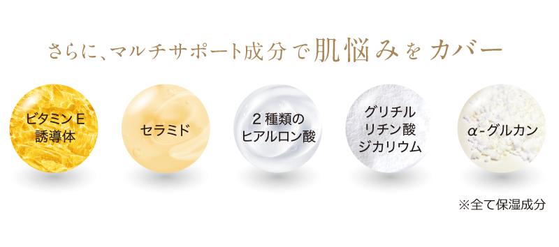 さらに、マルチサポート成分で肌悩みをカバー　ビタミンE誘導体、セラミド、2種類のヒアルロン酸、グリチルリチン酸ジカリウム、α-グルカン　※全て保湿成分